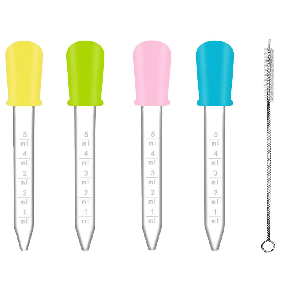 Pipette, 4 Stück 5ml Silikon Kunststoff Pipetten und 1 Stück Strohbürsten, Liquid Dropper, Transparente Pipette, mit Reinigungsbürste, für Bastelarbeiten Kunst, Pflanze