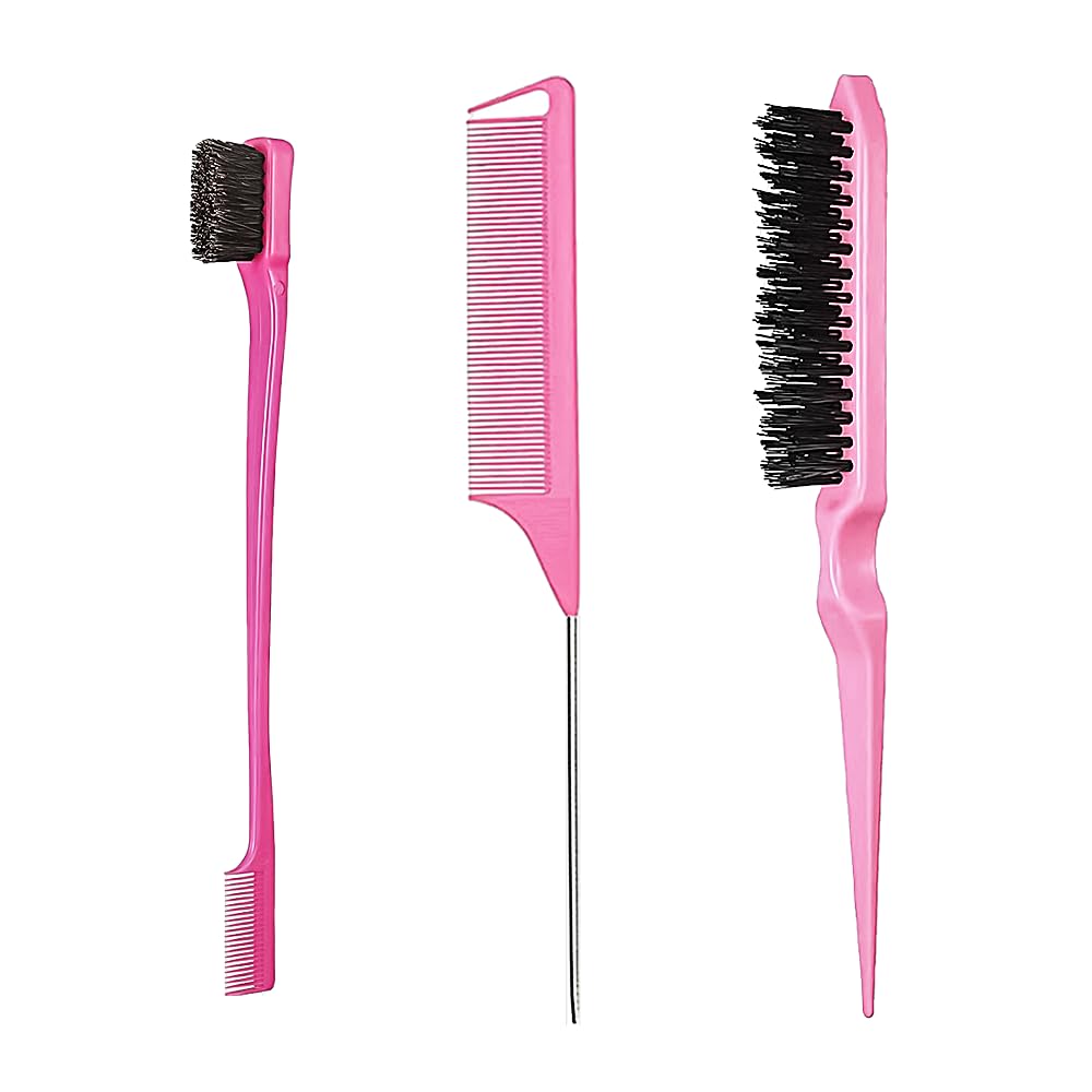 3-Teiliges Haarkamm, Doppelkantenkamm, Rattenschwanz Kamm, Borsten Haarschnitt Haarkamm, Friseur Kamm Haarbürste, für Friseurin, Home(Rosa)
