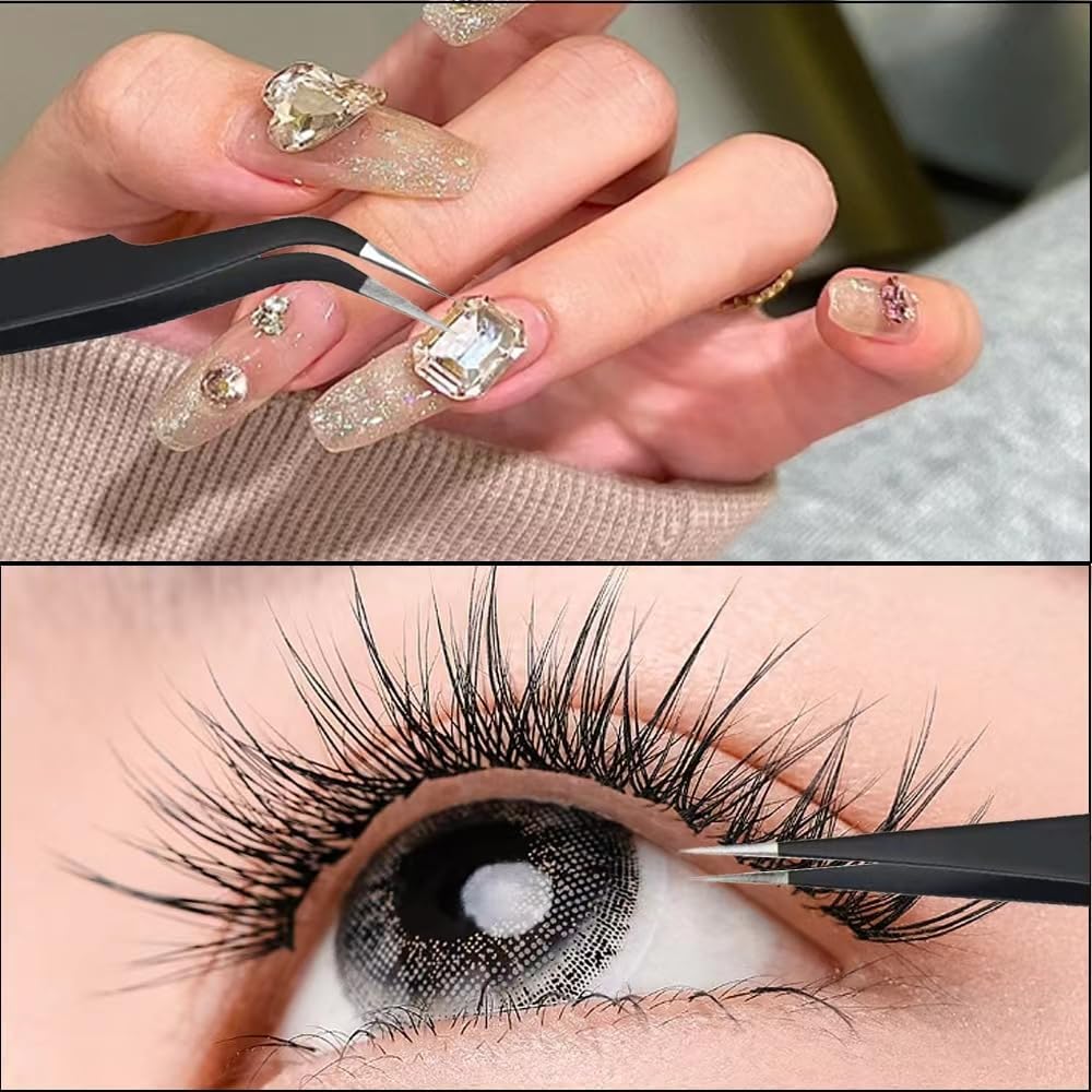 2 Stück Wimpern Pinzette, Wimpernpinzette Set aus Edelstahl, Gerade Pinzette und Gebogene Pinzetten, Professionelle Pinzette Wimpern, Wimpernpinzette für Wimpernverlängerungen