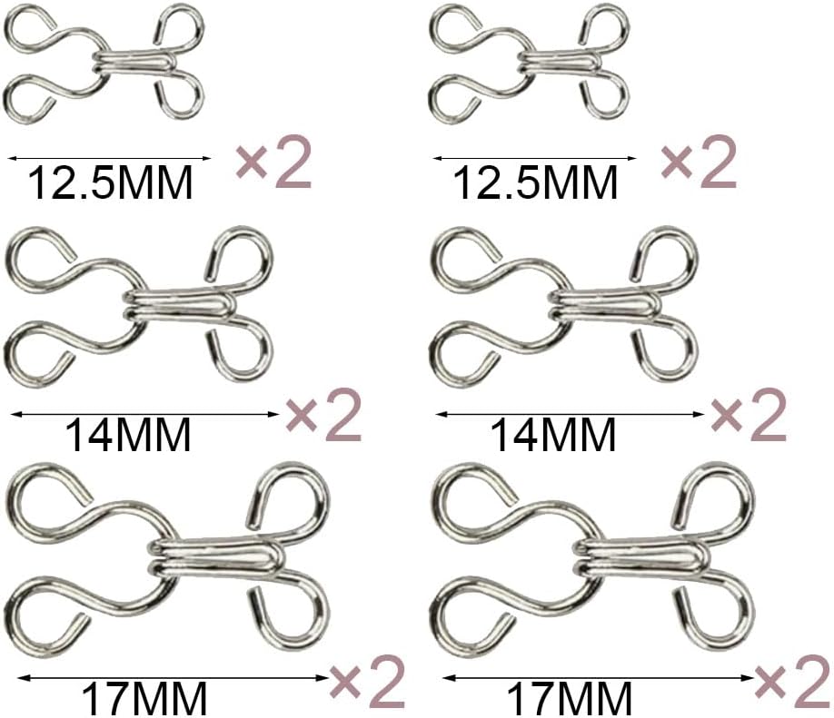 Nähen Haken und Augen Verschluss, 12 Set BH-Haken-Ösen-Verschluss, Unterwäsche Hakens und Augen Schließe, Nähen DIY Bastelzubehör, 3 Größen, für BH, Kleidung, Röcken, Hosen(Silber)