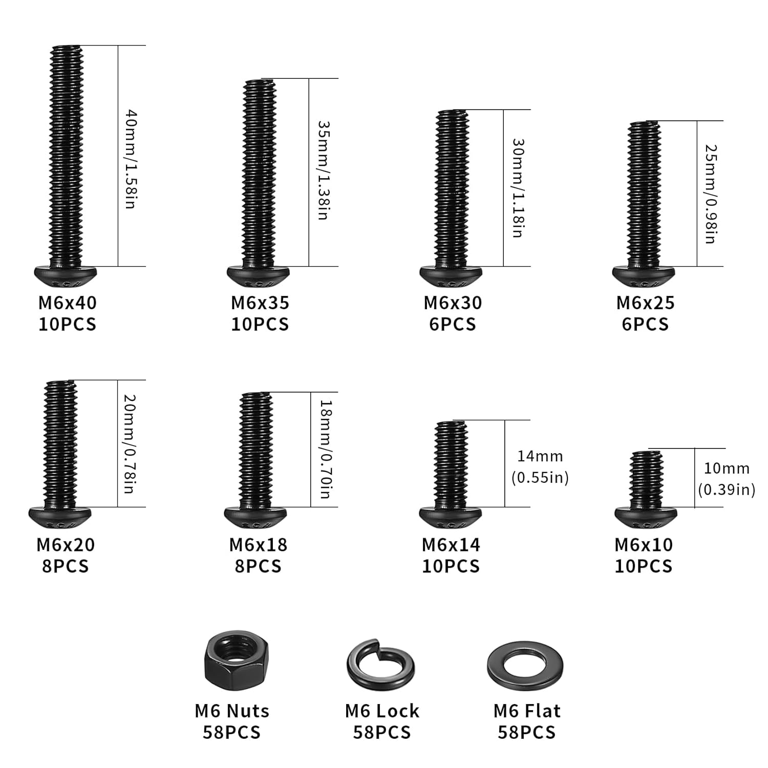 232 Stück M6 Schrauben Set, Innensechskantschrauben Muttern Set, Linsenkopfschrauben Sortiment mit Unterlegscheiben Set, Maschinenschrauben Schwarz Rundkopfschrauben, Gewindeschrauben Set