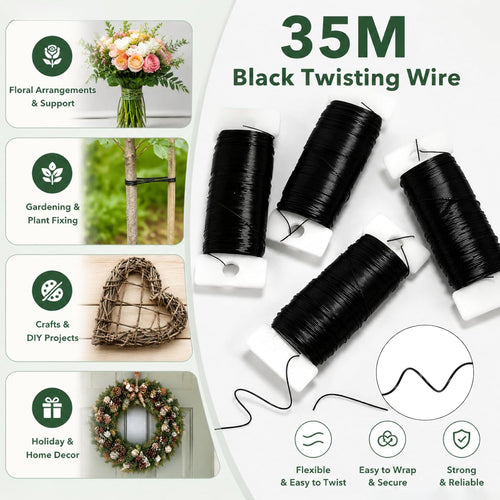 4 Rollen Basteldraht Schwarz, 35m Blumendraht zum Basteln, Bindedraht Verzinkt Gartendraht, Wickeldraht, Floristendraht, Bonsai Draht zur Befestigung von Blumen und Pflanzen(Schwarz)