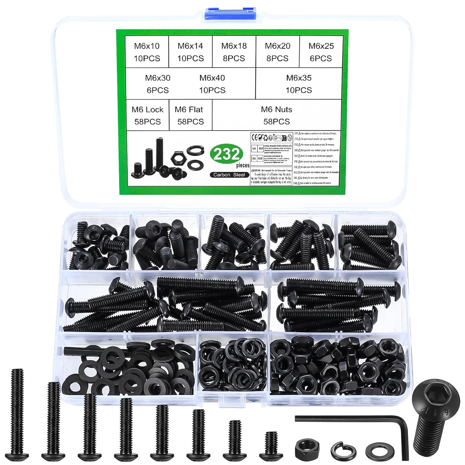 232 Stück M6 Schrauben Set, Innensechskantschrauben Muttern Set, Linsenkopfschrauben Sortiment mit Unterlegscheiben Set, Maschinenschrauben Schwarz Rundkopfschrauben, Gewindeschrauben Set