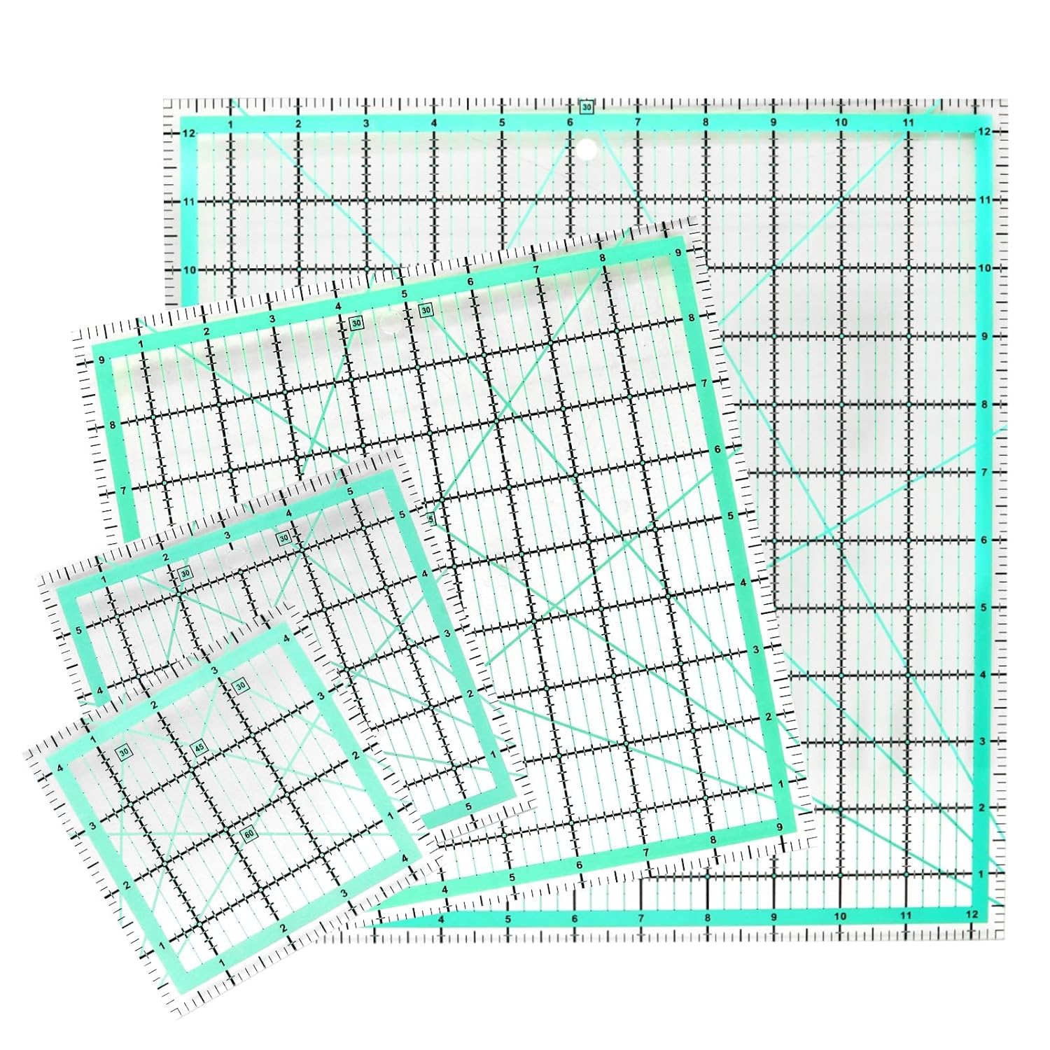 4 Stück Patchwork Lineal(4.5"/6"/9.5"/12.5"),Quilt-Lineal Nähen lineal, Schneiderlineal Quilten mit Zöllige Skala und Winkelanzeige Schneider Lineal zum Quilten und Nähen…