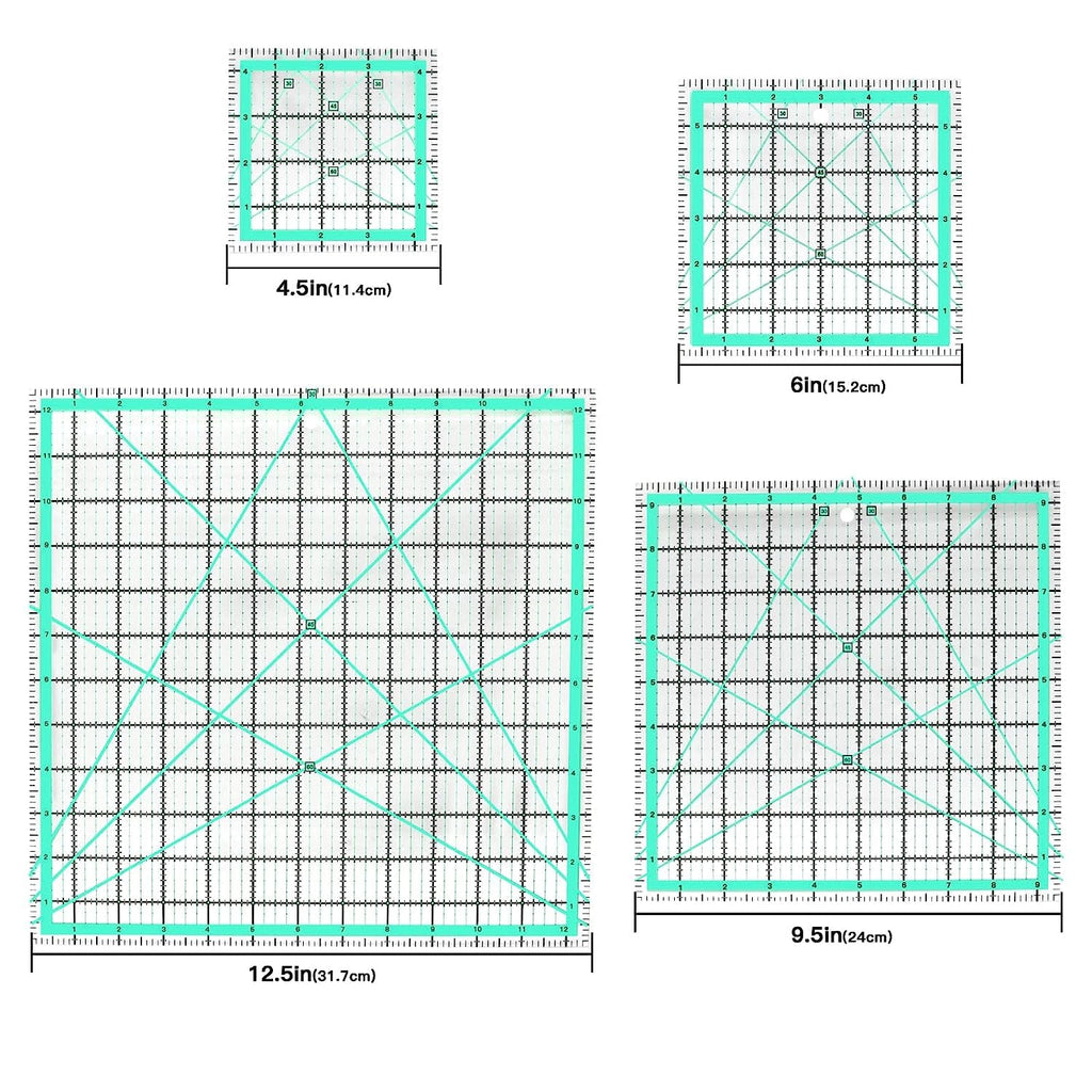 4 Stück Patchwork Lineal(4.5"/6"/9.5"/12.5"),Quilt-Lineal Nähen lineal, Schneiderlineal Quilten mit Zöllige Skala und Winkelanzeige Schneider Lineal zum Quilten und Nähen…