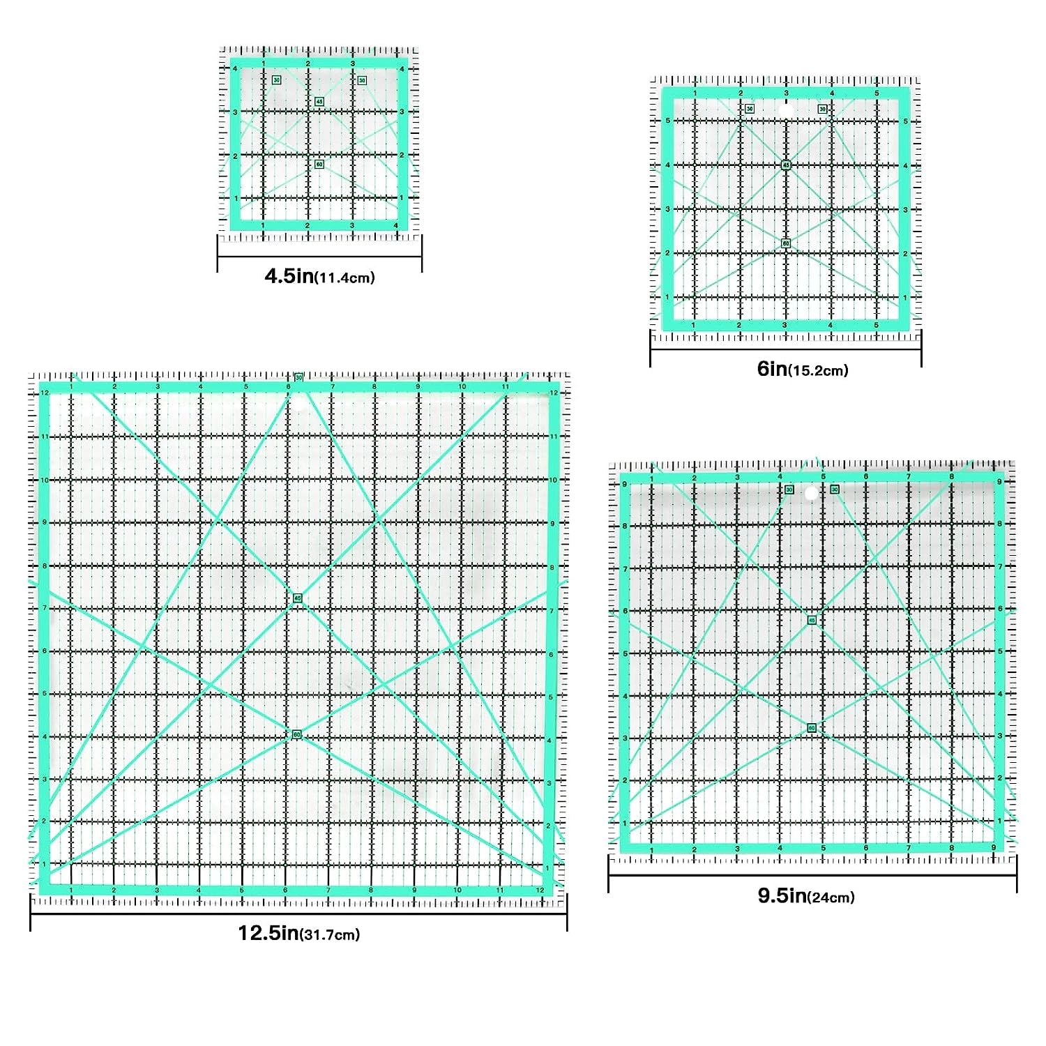 4 Stück Patchwork Lineal(4.5"/6"/9.5"/12.5"),Quilt-Lineal Nähen lineal, Schneiderlineal Quilten mit Zöllige Skala und Winkelanzeige Schneider Lineal zum Quilten und Nähen…